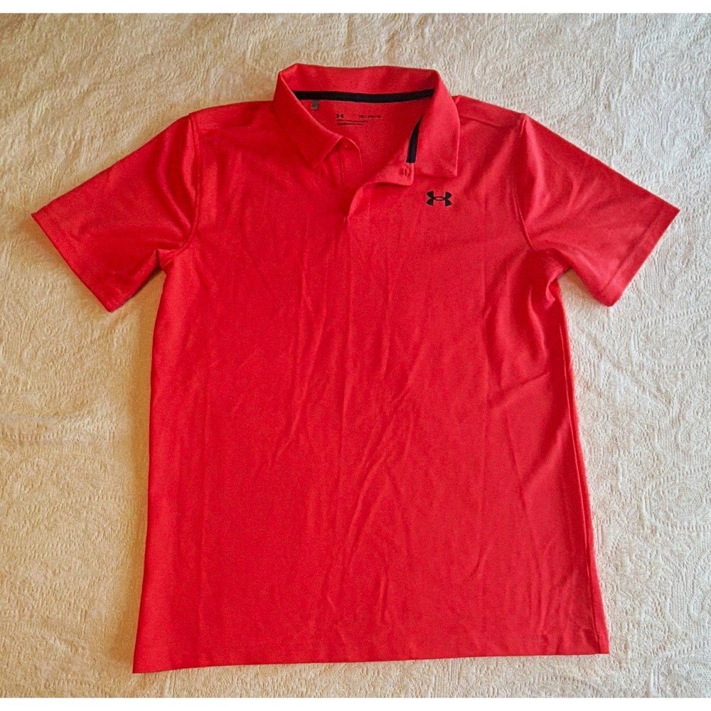 Under Armour Boys YXL Pink Solid Logo Polo Shirt Short Sleeve Loose Fit Pullover